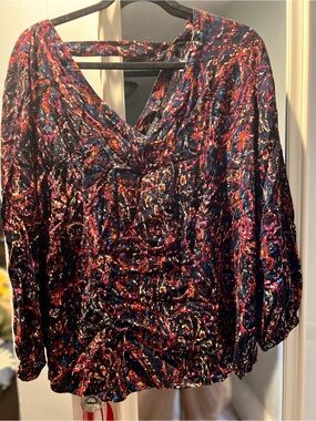 Women’s Multicolor V-Neck Blouse - Navy with Pink & Orange Accents